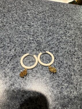 Tory Burch White Hoop Earrings with Gold Logo Charm